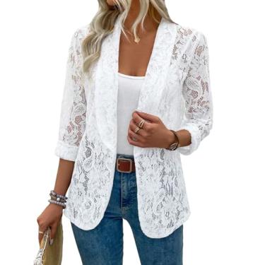 Imagem de WDIRARA Blazer feminino de renda com frente aberta, manga comprida, transparente, elegante, casual, Branco, GG