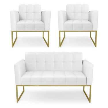 Imagem de Kit 1 Sofá Namoradeira E 2 Poltronas Elisa Corino Branco Base Metálica Industrial Dourado - D`rossi