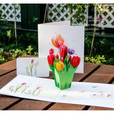 Imagem de FRJINIE Cartão pop-up de cesta de flores, cartões de aniversário, presentes de dia das mães, cartões comemorativos 3D feitos à mão para ela com cartão de notas e envelope para todas as ocasiões, (D)