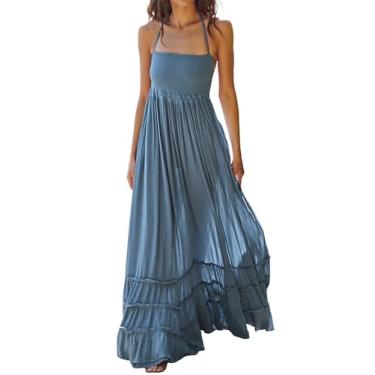 Imagem de R.Vivimos Vestidos longos femininos de verão de algodão sexy frente única, Azul-escuro, P