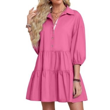 Imagem de BerryGo Vestido feminino casual de verão Babydoll minivestido solto em camadas túnica curta manga bufante vestido camisa com botões, rosa, P