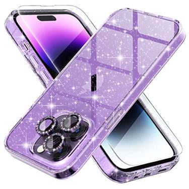 Imagem de Choiche Capa fofa compatível com iPhone 14 Pro, capa feminina brilhante com glitter, [3 x protetores de lente de câmera de diamante] [2 x protetores de tela de vidro temperado] 6,1 polegadas (roxo purpurino)
