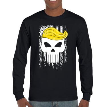 Imagem de Camiseta de manga comprida com bandeira de Trump 2024 Make America First Great Again Deplorable Skull My President MAGA Republican FJB, Preto, XXG