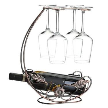 Imagem de Hongiuia Rack de taça de vinho - Rack de metal para garrafa de vinho, rack de exibição em pé, rack de armazenamento de talheres de mesa - Bronze