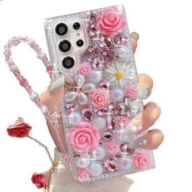 Imagem de Changjia Capa para Samsung Galaxy S24 Ultra Glitter Bling Case, Cute Luxury 3D Sparkle Crystal Strass Flores Diamante Pérola com Cordão de Pulso Mulheres Meninas Capa para Galaxy S24 Ultra 6,8