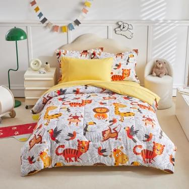 Imagem de Jogo de cama infantil queen size com animais da selva laranja - Conjunto de cama macio de 7 peças (1 edredom, 2 fronhas, 1 lençol de cima, 1 lençol com elástico, 2 fronhas)