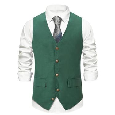Imagem de Colete masculino, colete retrô com decote em v slim fit sem mangas, colete formal de trabalho para festa de casamento,XL,Green