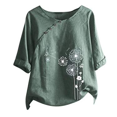 Imagem de Camisetas femininas de algodão e linho manga curta verão soltas gola redonda casual boho blusa estampada vintage, Verde - A, 3G