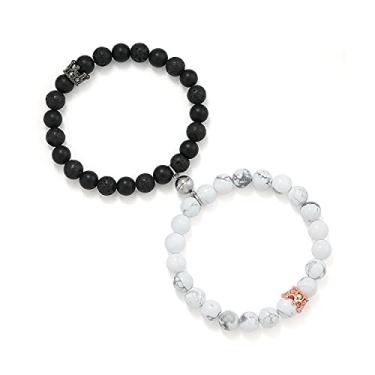 Imagem de POSHFEEL Pulseira de casal de pedras naturais CZ micro pavê coroa king queen de 8 mm, 19 cm, 7 5 inch, Pedra, Ágata