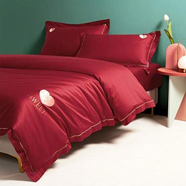 Imagem de Jogo de cama de quatro peças, 1 lençol de cama, 1 capa de edredom, 2 fronhas, 100% algodão, bordado, amor, gato, casamento (1,5 m)