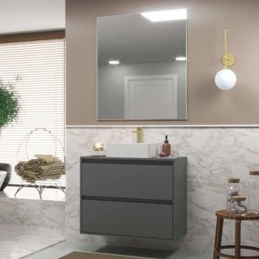 Imagem de Gabinete Para Banheiro Com Cuba E Espelho Organico 60cm Mdf Nogal Com Branco Dubai - On Móveis