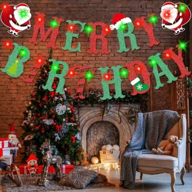 Imagem de Christmas Birthday Party Decorations,Merry Birthday Banner with Light,Christmas Happy Birthday Banner with String Lights LED Lights String for Kids Birthday Christmas Fireplace Home Decorations