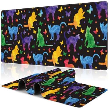 Imagem de Tapete de mesa de gatos e borboletas coloridos, grande aquarela gatinhos borboleta mouse pad para jogos, base de borracha antiderrapante, bordas grossas costuradas à prova d'água, mousepad 80 cm x 30