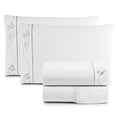 Imagem de Jogo de Cama Lençol Com Elástico Casal Queen Bordado Ponto Palito Imperial Realeza 4 Peças 200 Fios Percal 100% Algodão (Branco)