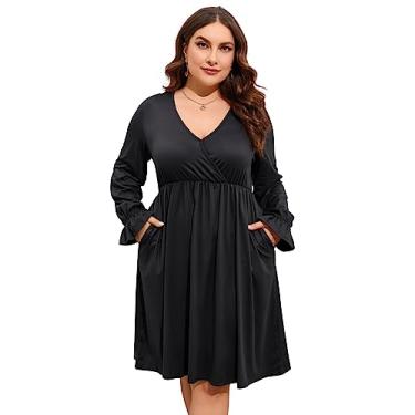 Imagem de ShopWonder Vestido plus size feminino, gola V, evasê, comprimento até o joelho, vestido rodado, plus size, minivestido de festa, Preto, 3G