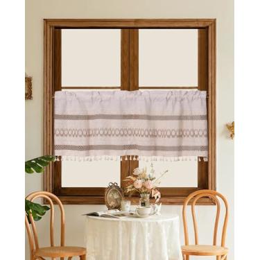 Imagem de BOYOUTH Cortina de saia curta listrada marrom e geométrica de linho e algodão, cortinas com bolso de varão para cozinha, sala de jantar, café, banheiro decoração de janela pequena, 132 por 45 cm, 1