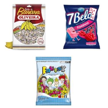 Imagem de Kit bala recheada frutsy 600g dori + banana 500g oliveira + bala 7 bel