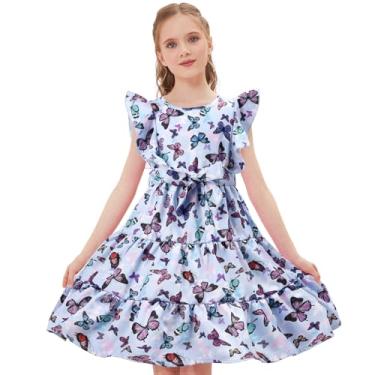 Imagem de PARTTELY Vestido de borboleta roxa para meninas, primavera, verão, manga com babados, evasê, rodado, rodado, vestido de festa com bolsos, 5-14 anos