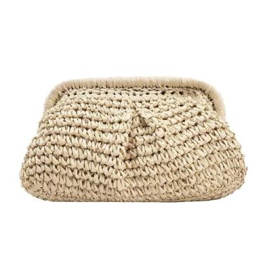 Imagem de AWUXINE Bolsa clutch de palha para mulheres, bolsa de ombro transversal, bolsa de ombro de verão, praia, bolsa de mão de tecido, Bege