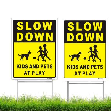 Imagem de Placa DSKKWS Slow Down Kids and Pets at Play, placa de 30,48 cm x 22,88 cm com estaca H de metal, placa de recreação para crianças, placa de rua cation Yard (2 unidades)