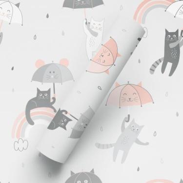 Imagem de Papel de Parede Adesivo Lavável Tema Gato Guarda Chuva Sala E Quarto -