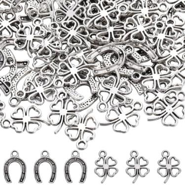 Imagem de SUNNYCLUE 200 peças pingentes de ferradura prata pingente de sapato de cavalo liga antiga trevo da sorte trevo quatro folhas amuleto de casamento a granel para fazer joias, berloques, mulheres,