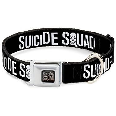 Imagem de Buckle-Down Coleira para cães com fivela de cinto de segurança - logotipo do Esquadrão Suicida preto/branco
