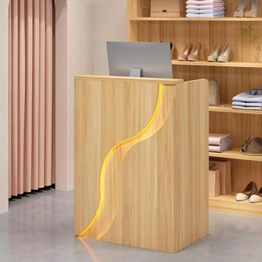 Imagem de Mesa de recepção moderna com balcão, mesa de recepção com luzes LED, balcão de recepção de varejo com gavetas, mesa de boas-vindas moderna para saguão, escritório, salão de beleza, nogueira clara, 60