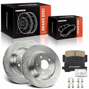 Imagem de A-Premium 12,98 polegadas (329,7 mm) Rotores de freio a disco perfurado e ranhurado traseiro + kit de pastilhas de cerâmica compatível com modelos selecionados Acura - MDX 2017 2018 2019 2020,