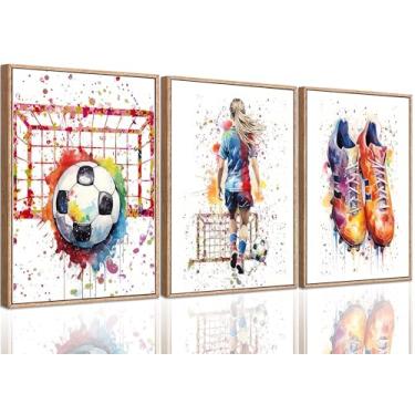 Imagem de 3 peças de arte de parede em tela de futebol de grafite para meninas, pôsteres, impressões, decoração de parede, fotos, tema esportivo, pintura de futebol para quarto, quarto de meninas, adolescentes,