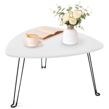 Imagem de Mesa de centro para pequenos espaços, branco, dobrável, triangular, mesa de sofá, mesa de centro com gotas de design simples, mesa de centro com pernas de aço, móveis modernos para sala de estar,