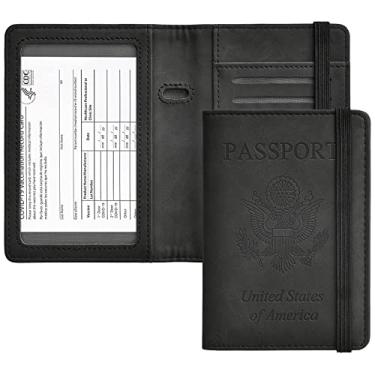 Imagem de HerriaT Combo porta-cartão de passaporte e vacina, capa com compartimento para cartão de vacinação CDC para mulheres e homens, Preto 2, ONE_SIZE