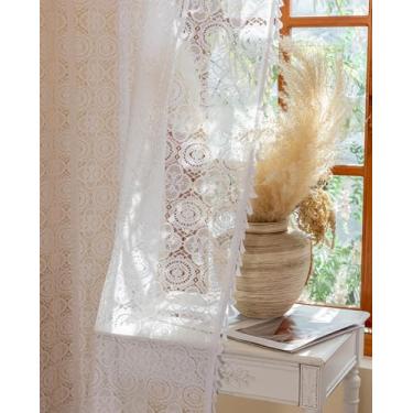 Imagem de Cortinas de renda branca 213 cm de comprimento, conjunto de 2 painéis, cortina transparente de crochê retrô com borla, bolso de varão, filtro de luz, cortina transparente para porta de armário e