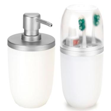 Imagem de Kit Porta Escova Dispenser Porta Sabonete Saboneteira Líquido 500ml Premium Banheiro Lavabo Arthi (Branco/Prata)