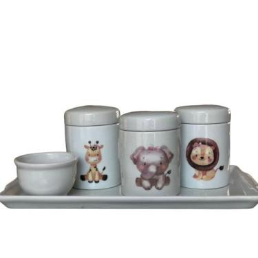 Imagem de Kit higiene bebê Safari 5 peças - MENINA - Bandeja, potes e molhadeira