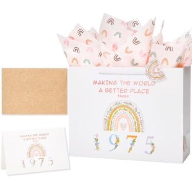 Imagem de Crisky Bolsa de embrulho de presente de 50º aniversário desde 1975 com envelope de cartão de aniversário de 50 anos combinando e papel de seda (arco-íris), presentes de 50º aniversário para