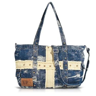 Imagem de QTKJ Bolsa jeans feminina, bolsa de ombro retrô de patchwork, com alça de ombro ajustável, bolsa vintage para mulheres, férias, viagem, combinação diária, Azul, One Size