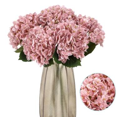 Imagem de Kimura's Cabin 5 peças de hortênsias de toque real de 53 cm, flores azuis falsas, hastes de hortênsia artificiais de látex completo para mesa de casa, decoração de festa de casamento, (marrom camafeu)