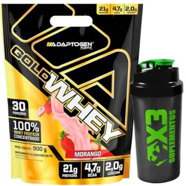 Imagem de Kit Gold Whey Sabor Morango 900g - Adaptogen Science + Coqueteleira 600g - X3 Suplementos