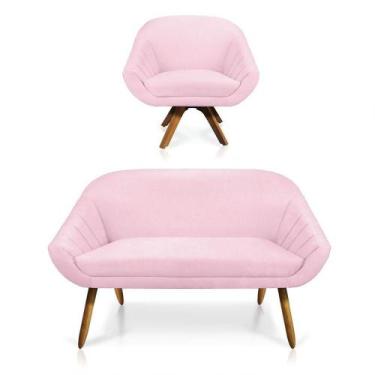Imagem de Kit 01 Namoradeira 02 Lugares E 01 Poltrona Giovana Suede Rosa Bebê - 