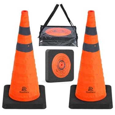 Imagem de RoadHero Cones De Segurança De Trânsito Dobráveis De 28 Polegadas Com Base Preta Ponderada, Cones Laranja De Construção Com Colares Refletivos Para Segurança Rodoviária, Treinamento De Direção, Esta