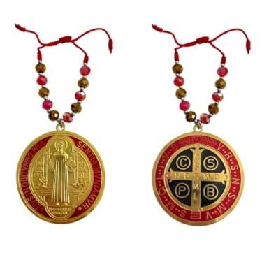 Imagem de BONITTER Medalha de São Bento, 2 peças, banhado a ouro, pingente de bênção católica, enfeite para pendurar na porta, medalha de San Benito, rosário, presente de oração para homens ou mulheres
