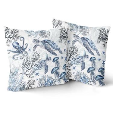 Imagem de Giwawa Conjunto de 2 capas de almofada náuticas costeiras com tema de praia, oceano, coral, tartaruga, marinha, 45,7 x 45,7 cm, capa de almofada azul e branca para decoração de casa