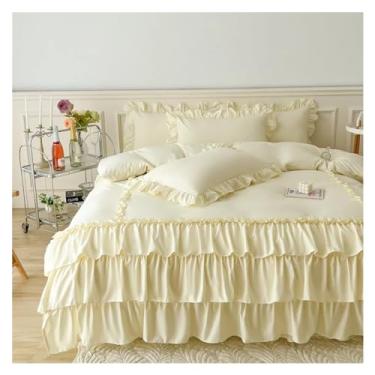 Imagem de Capa de edredom com babados, 3 peças, conjunto de cama decorativo, saia para cama de fazenda, fronhas, fecho de zíper, laços de canto fáceis de cuidar (bege, tamanho Queen, 4 peças)