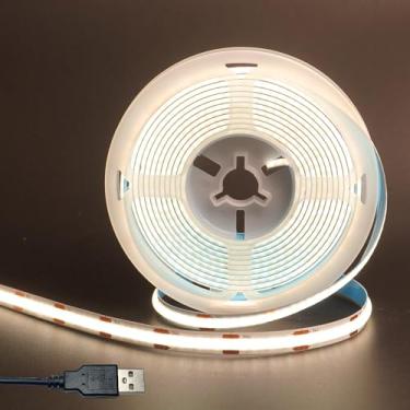 Imagem de Clearhill Fita de luzes LED COB USB 5V 8 mm de largura, branco natural 4000K, 320LEDs/M, 8W/M, CRI90, 9,84FT/3M, faixa de luz de painel de dupla face galvanizada, IP20 impermeável, fita flexível para