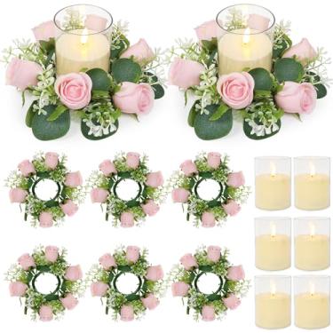 Imagem de Acmee Conjunto de 12 anéis de vela rosa com velas - grinaldas florais artificiais com folhas de eucalipto para castiçais, decoração de mesa de casamento