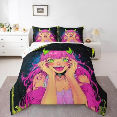 Imagem de Erosebridal Conjunto de edredom de anime para meninas, tamanho Queen, conjunto de cama de anime japonês para decoração de quarto de crianças, meninos, adolescentes, desenho animado kawaii, animação