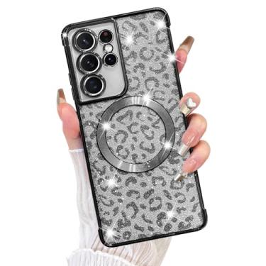 Imagem de Fiyart Capa projetada para Samsung Galaxy S21 Ultra, compatível com MagSafe Cheetah Print Plating Proteção para câmera com glitter magnético transparente leopardo para mulheres e meninas 6,8 polegadas