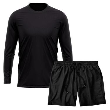 Imagem de Kit Camiseta Manga Longa Dry Preta + Short Tactel Academia Caminhada Gênero:Homem;Tamanho:M;Cor:-Masculino