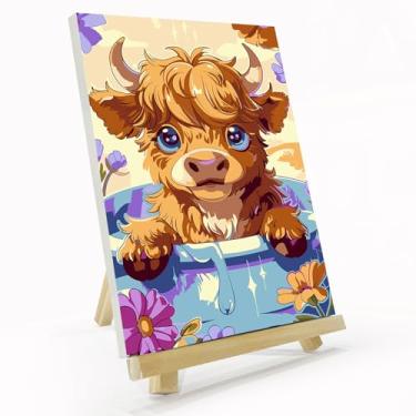 Imagem de JOOZ Kit de pintura Highland Cow por números para adultos com moldura, kits de pintura de vaca por números com cavalete, kit de pintura a óleo acrílica fácil DIY emoldurado para decoração de parede de